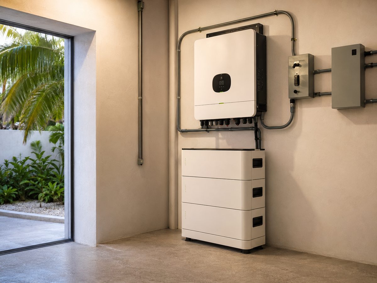Illustration of an inverter and three stacked battery modules mounted on an interior wall next to the main panel