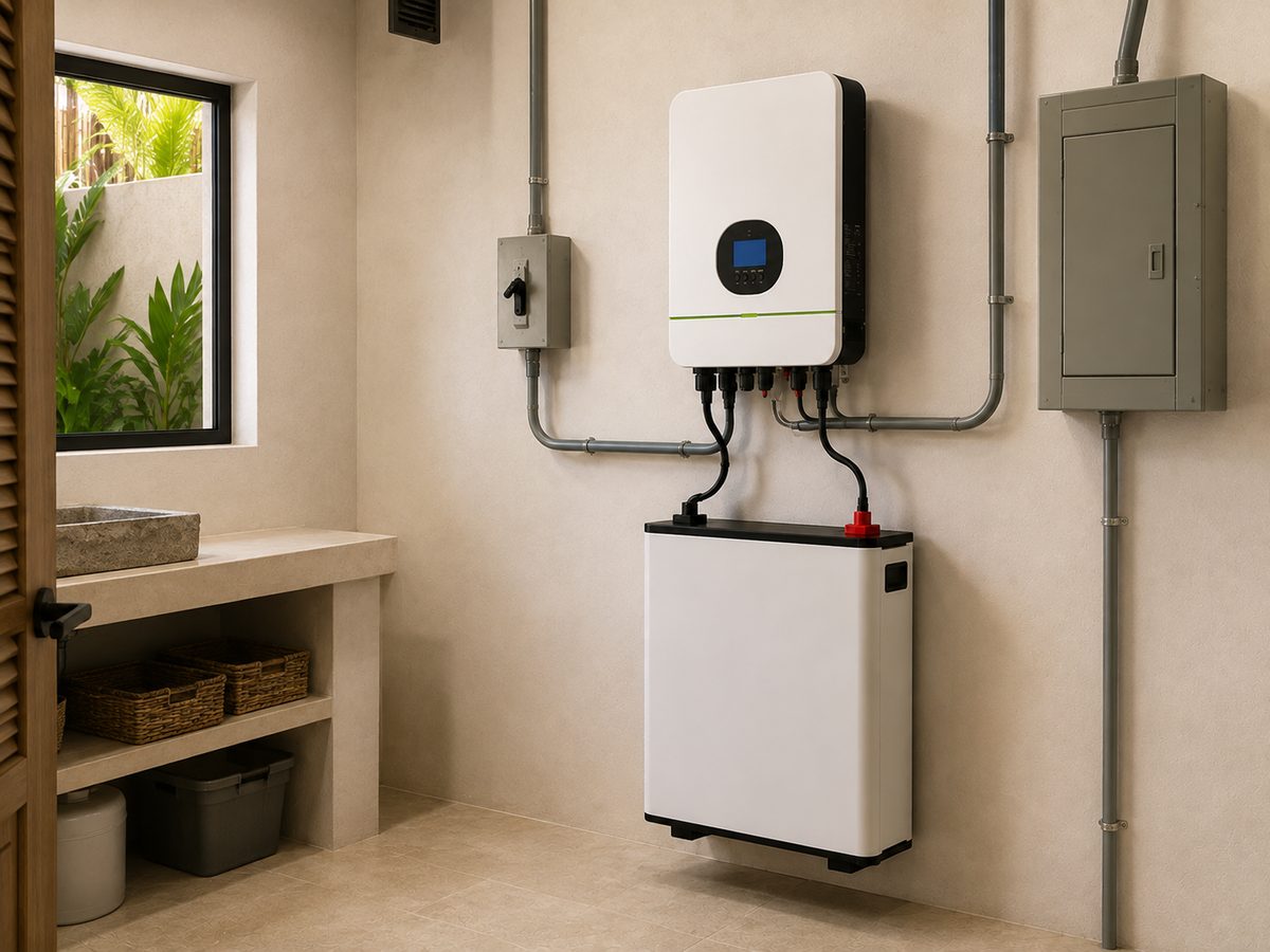 Illustration of an inverter and a single battery module mounted on an interior wall